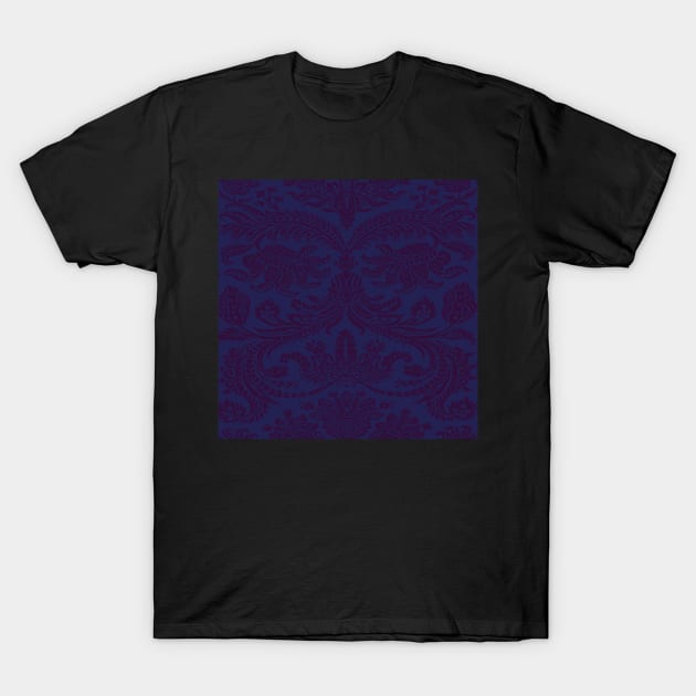 Violet on Navy Royal Medieval Damask Scrolls T-Shirt by JamieWetzel